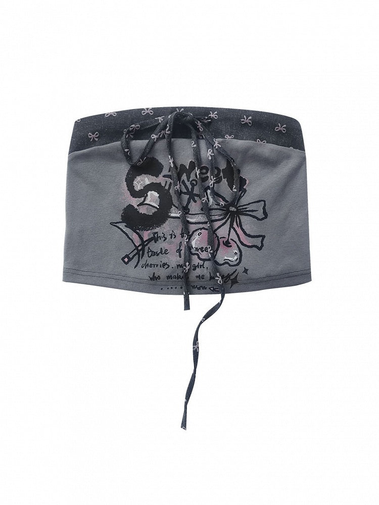Bow Crop Punk Strapless Ties with Cherry Gray Top Patchwork Print