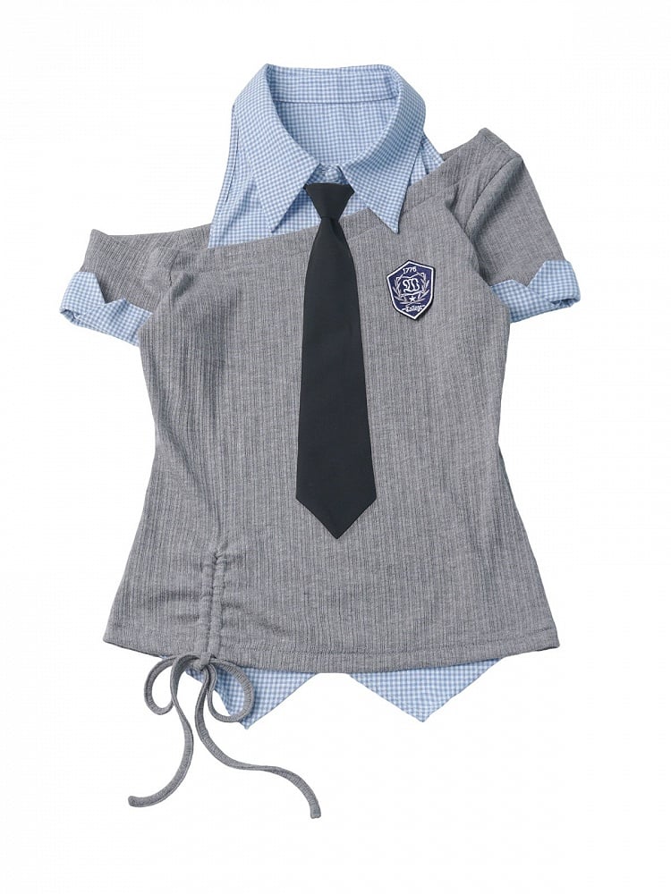 Preppy Gray & Blue Asymmetrical Shirt Collar Top with Tie - PINK SAVIOR