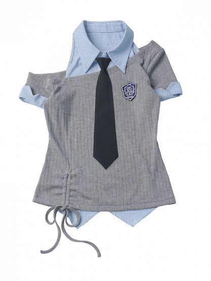 Preppy Gray & Blue Asymmetrical Shirt Collar Top with Tie - PINK SAVIOR