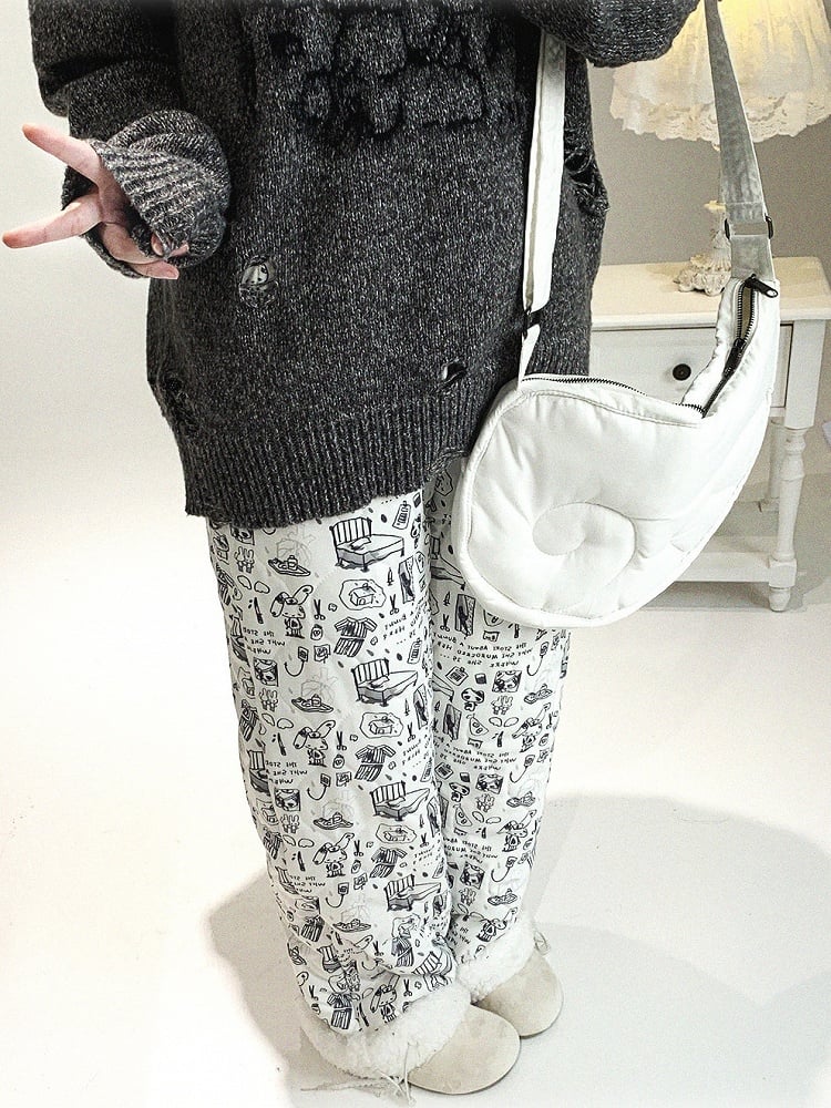 Casual Jirai Kei All-Over Pants Cuff Cartoon Plush Doodle