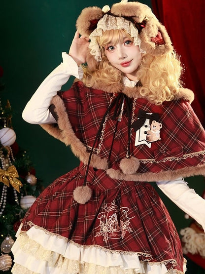 Red and Black Plaid Layered Lace Ruffled Sweet Lolita Dress +  Brown Faux Fur Trim Hooded Cape Set