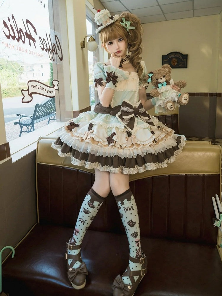 Waist Mint Bowknot Green Chocolate Details Lolita Dropped Layered Dress Sweet Hem