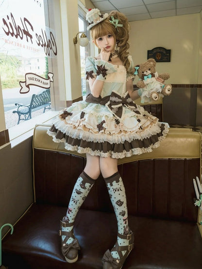 Waist Mint Bowknot Green Chocolate Details Lolita Dropped Layered Dress Sweet Hem