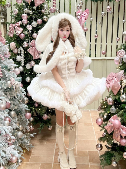White Sweet Winter Lolita Hooded Cape with Oversized Plush Bunny Ears