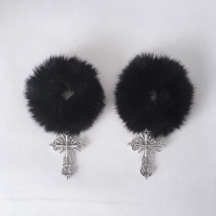 with White/Black Ties Fluffy Charms Cross Hair