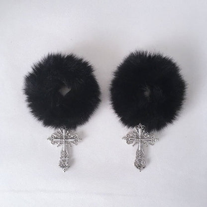 with White/Black Ties Fluffy Charms Cross Hair