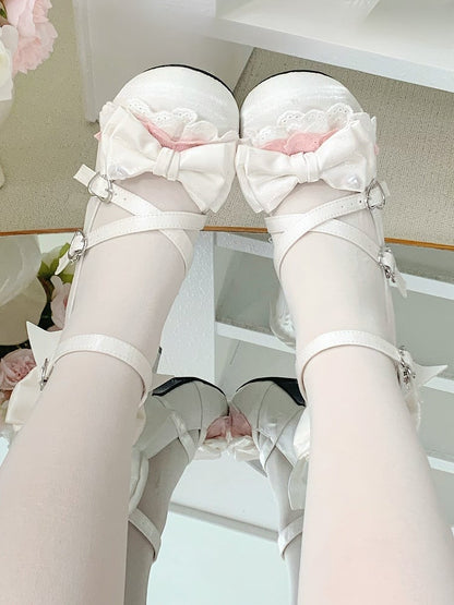 Straps White at Top Design With Crisscross Sweet Heart Bow Buckles Ankle Dual Lolita Shoes Buckle Detachable