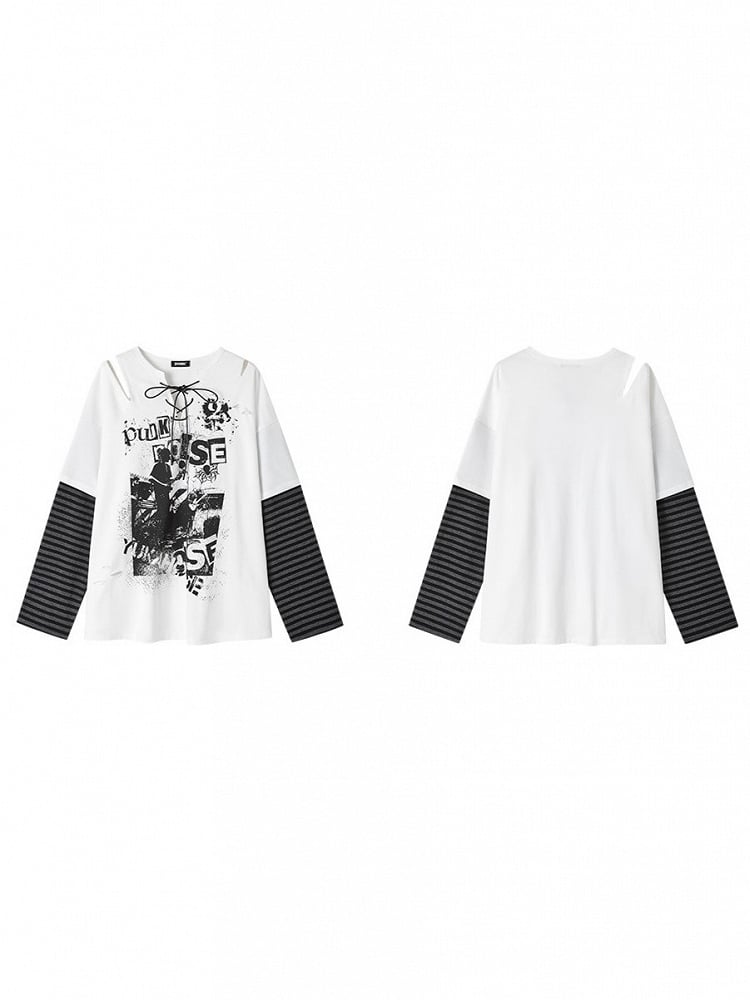 Graffiti Crossed White Shoulder Cut-Out Sleeve with V-Neck Punk Ties Striped Tee