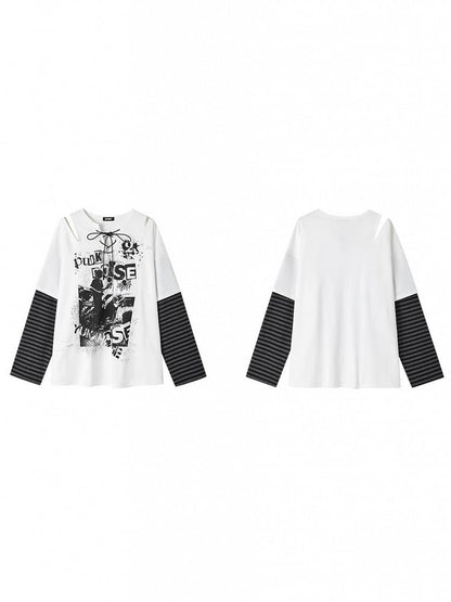 Graffiti Crossed White Shoulder Cut-Out Sleeve with V-Neck Punk Ties Striped Tee