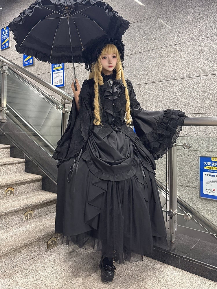 Drawstring Lolita Layered Waist Design Gothic Skirt Elastic and with Black