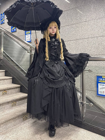 Drawstring Lolita Layered Waist Design Gothic Skirt Elastic and with Black