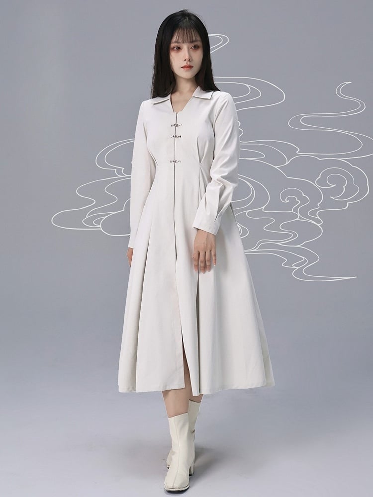 Style Robe Chemise Chinoise Col Plat Blanc Pointu -