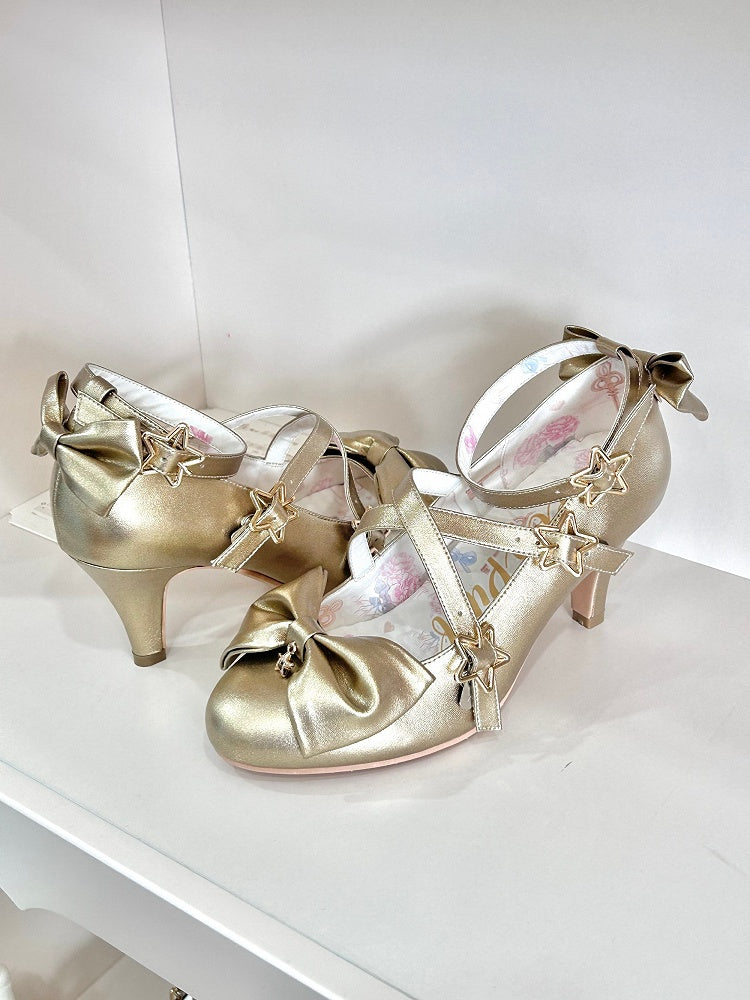 Top Bow at Sweet Starry Golden High-heel Lolita Shoes Buckles