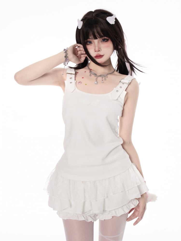 ショルダータンクトップ 調節可能なストラップ ホワイト エンジェルウィングデザイン バック