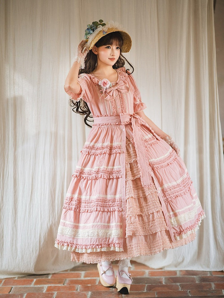 Pink Layered Ruffles Elegant Dress with Front Buttons - Miss Point