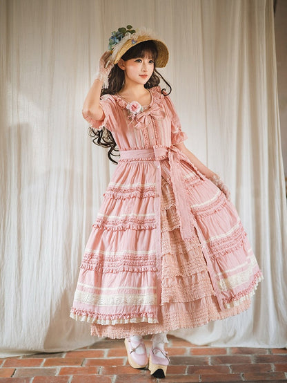 Pink Layered Ruffles Elegant Dress with Front Buttons - Miss Point