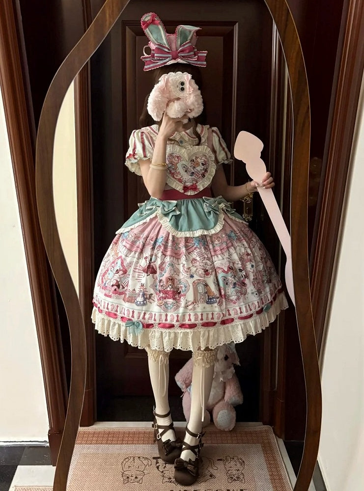 Pink & Green Alice Cat Vibes Heart-shaped Patch Sweet Lolita Dress with Apron Belt - Mewroco