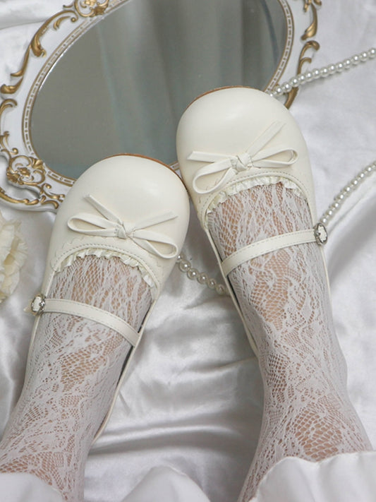 Lolita Beige with Matte Shoes Bow Flat Round Knotted Toe