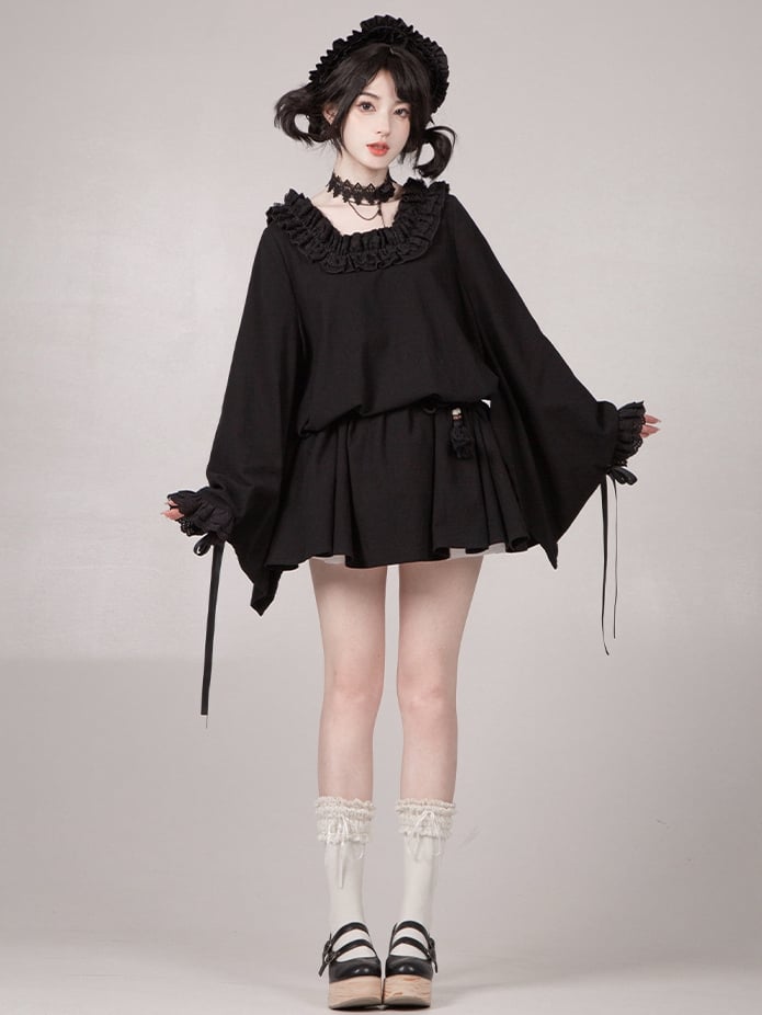 Dress Sleeves Short Neckline Version Black Ruffled Wa Long Square Lolita