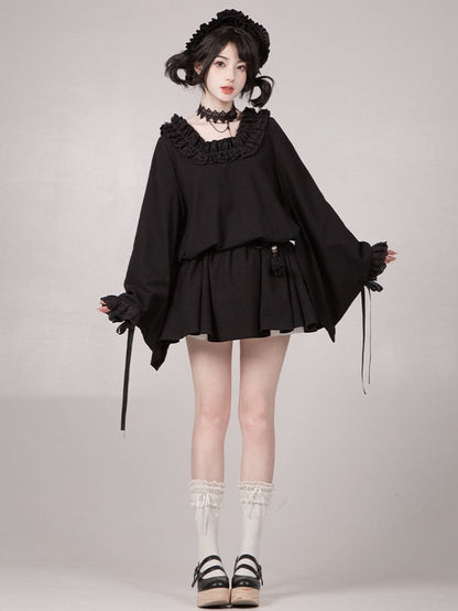 Dress Sleeves Short Neckline Version Black Ruffled Wa Long Square Lolita