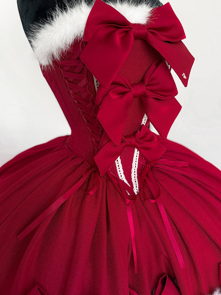 Red Christmas Bows Decorated Plush Neckline and Hemline Boning Dress + Cape Full Set