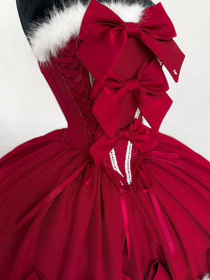 Red Christmas Bows Decorated Plush Neckline and Hemline Boning Dress + Cape Full Set