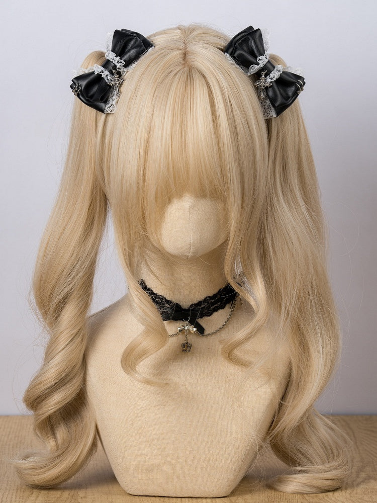 Charm with Cross Jirai / White Black Leather Lace Bow Hairclip Kei