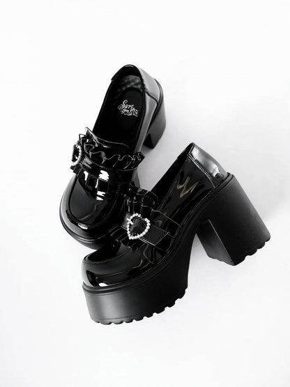 Platform Kei Black Polished Detail Heel Jirai with Sweetheart Loafers 9.5cm Beaded