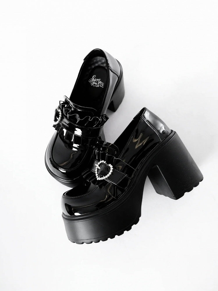 Black Chunky Platform Loafers with Beaded Heel - Sarina