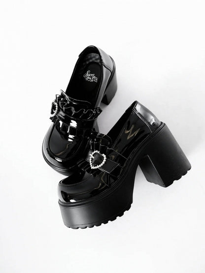 Black Chunky Platform Loafers with Beaded Heel - Sarina