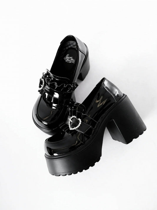 Mocassins noirs compensés à plateforme avec talon orné de perles - Sarina