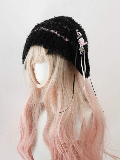 Black and Pink Plush Hat with Detachable Bunny Ears