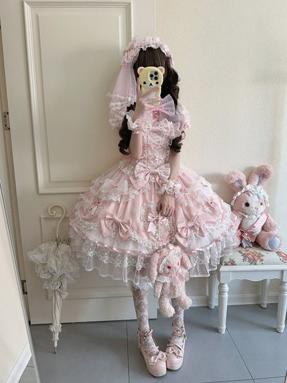 with Bow / Lace Cute Princess Full JSK Veil + Dress Lolita Big Pink Heart Doll-Style Details Set Train