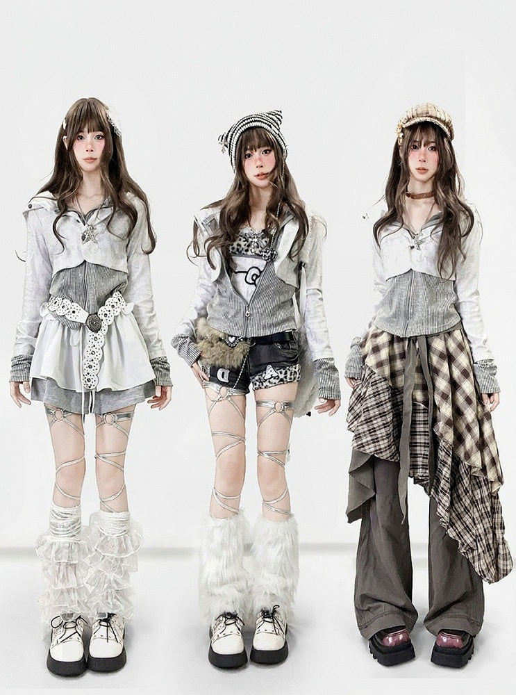 Fake Hooded Gray Design Striped Two-Piece Top Y2K