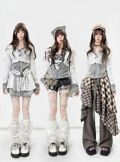 Fake Hooded Gray Design Striped Two-Piece Top Y2K