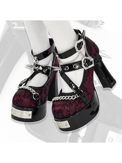 Wine Red Gothic Round Toe 11.5CM High Heels with Black Lace, Spikes & Coffin Buckles - Transfer Student