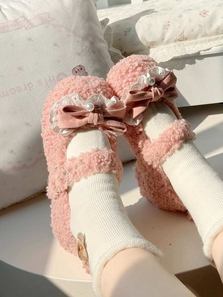 Mary with Jane Bow Shoes Design Plush Tail Decor Pink Lolita Pom-Pom Sweet