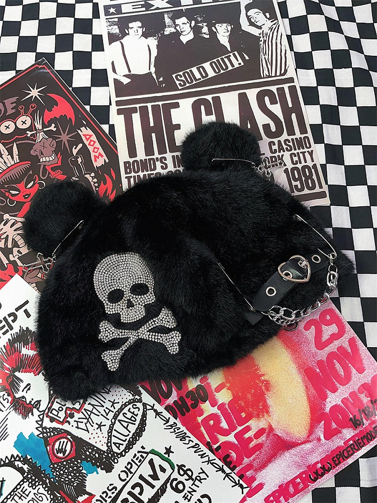 Schwarze Mütze mit Skelett-Strass und Bärenohren
