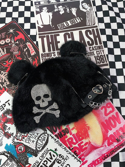Schwarze Mütze mit Skelett-Strass und Bärenohren