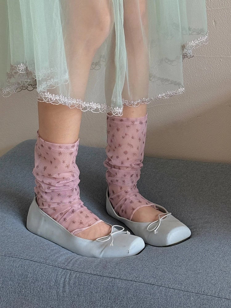 Style) Calf Sweet (Delicate Floral Semi-sheer Socks Footless