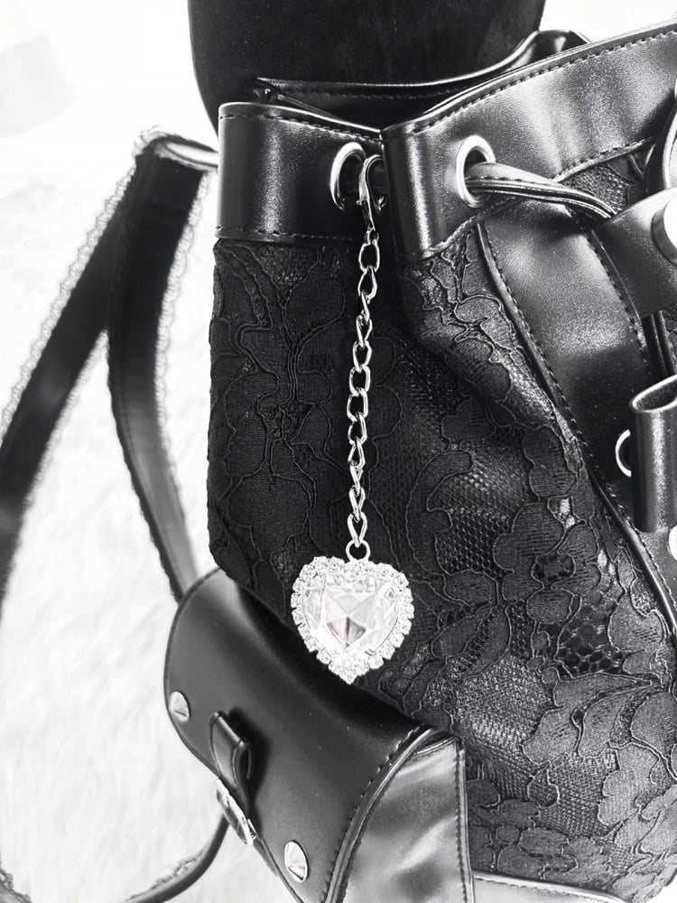 Jirai Kei Backpack with Heart Pendant, Lace Flap, Studs & Bowknot - Miao Lei Dian Bo