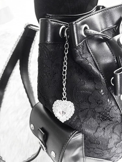 Jirai Kei Backpack with Heart Pendant, Lace Flap, Studs & Bowknot - Miao Lei Dian Bo