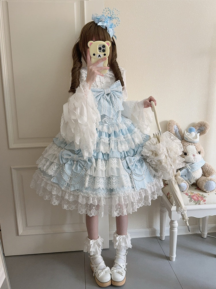 Lolita Rock Kleid Große Schleifen Dekoration Hanayome Blau Tiered