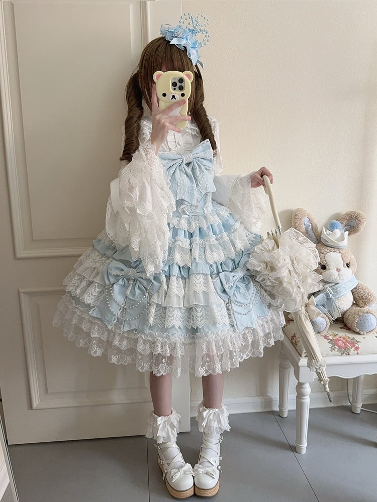 Hanayome Decoration Tiered Lolita Big Blue Bows Dress Skirt