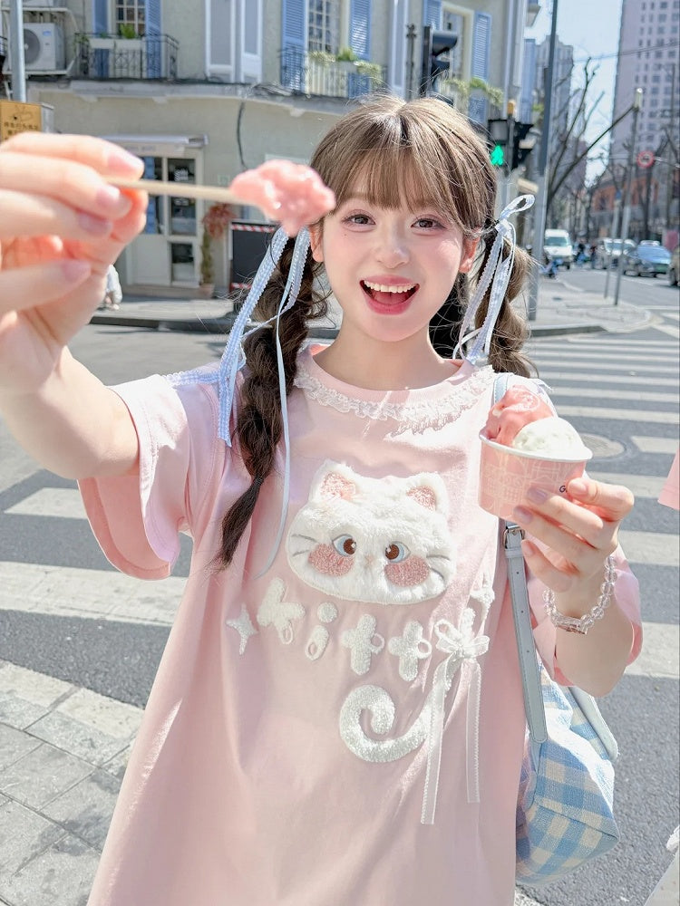 バージョンTシャツ 猫アップリケ ロング/ショート ピンク プラッシュ