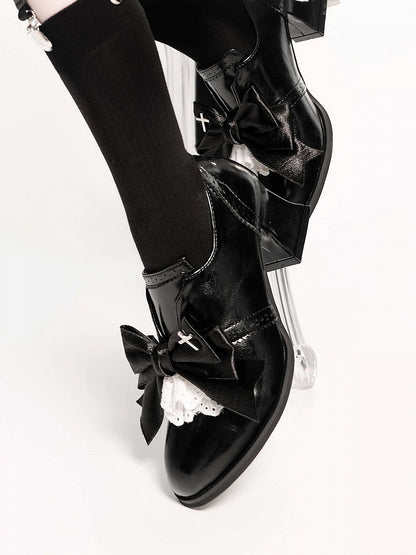 Polished Black Gothic Bowknot 5.5cm Heels Cross Lace - EvilStar