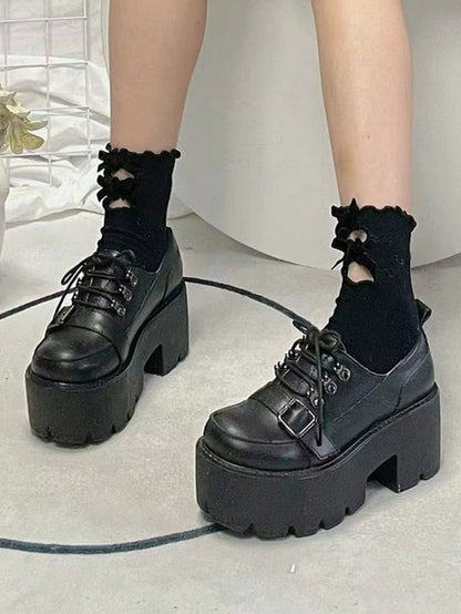 Punk Shoes Strap Closure Black - Lace-up Platform Buckle