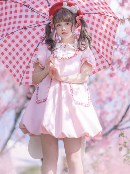 ライトピンクのウサギ耳ピーターパンカラーバブルスカートドレス