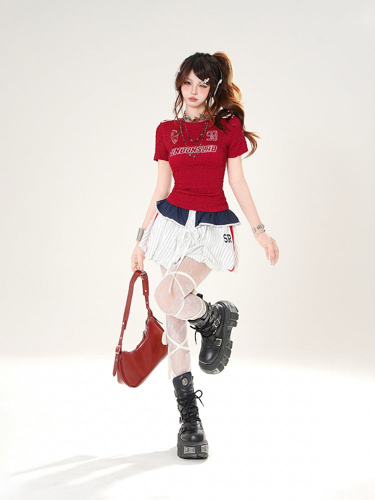 折り返しデザイン ホワイトストライプ バブルスカート セルフタイ