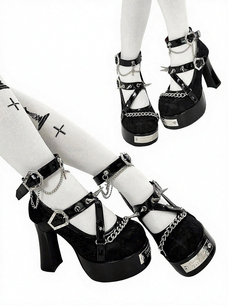 Gothic Black Round Toe 11.5CM High Heels with Spikes & Coffin Buckles - Transfer Student